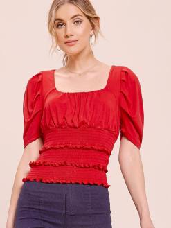 Puff Sleeve Frill Trim Shirred Panel Top