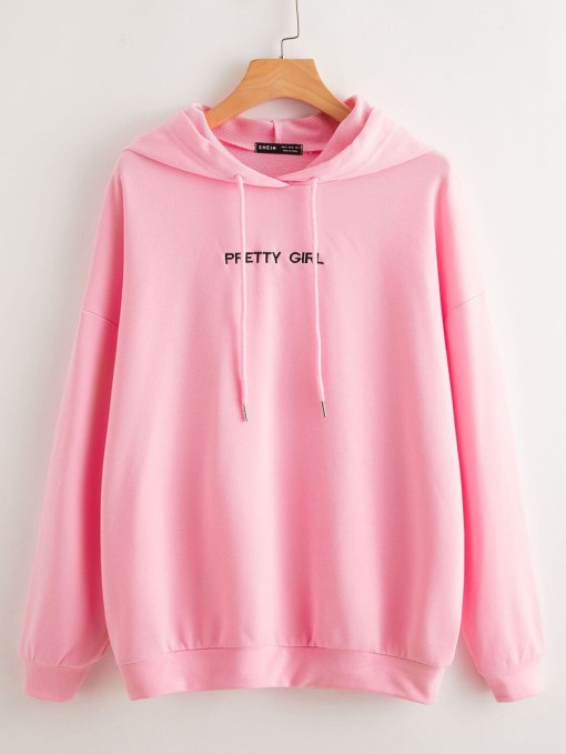 Drop Shoulder Letter Embroidery Drawstring Oversized Hoodie