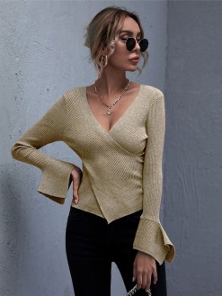 Flounce Sleeve Rib-knit Sweater