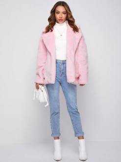 Notched Collar Patch Pocket Fuzzy Coat