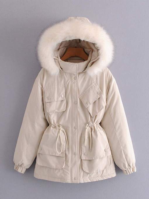 Solid Popper Button Hooded Parka Coat