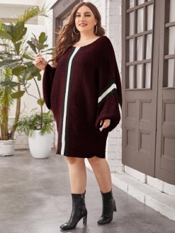 Plus Striped Pattern Batwing Sleeve Sweater Dress