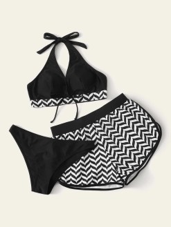 3pack Chevron Halter Co-ord Bikini Swimsuit