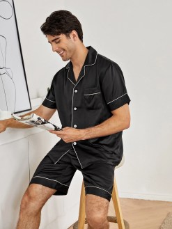 Men Contrast Piping Button Front Pajama Set