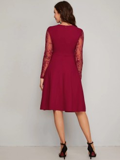 Zip Back Sheer Lace Sleeve Solid Dress