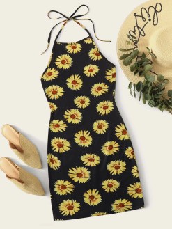 Plus Sunflower Print Halter Dress