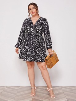Plus Surplice Front All Over Print Belted Dress