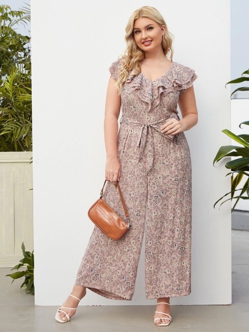 Plus Floral Layered Ruffle Belted Culotte Jumpsuit