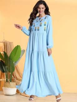 Blue Flower Print Arabian Dress