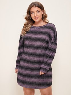 Plus Striped Pattern Drop Shoulder Sweater Dress