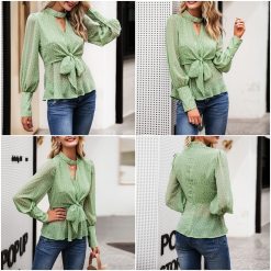 Vintage dot print green women chiffon blouse