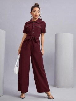 Button Front Belted Shirt Jumpsuit